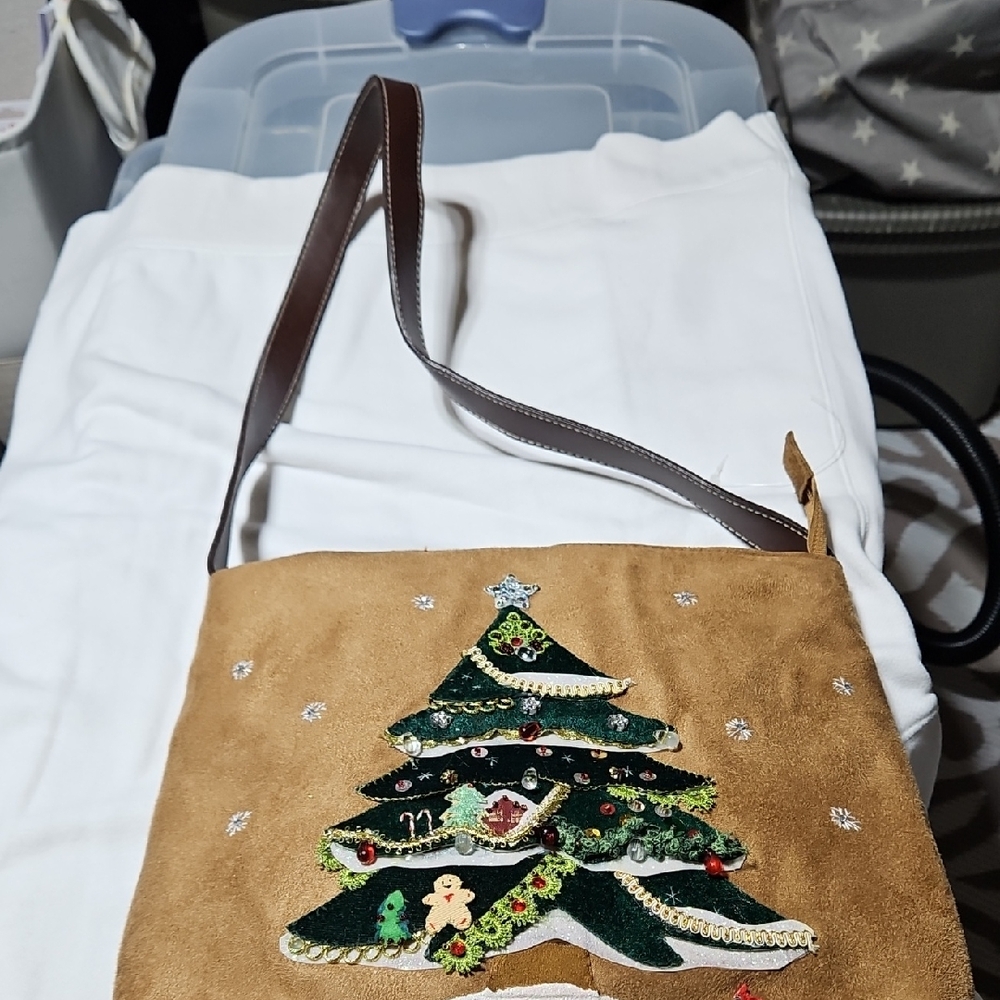Holiday Tan Crossbody Bag with Christmas Tree Embroidery